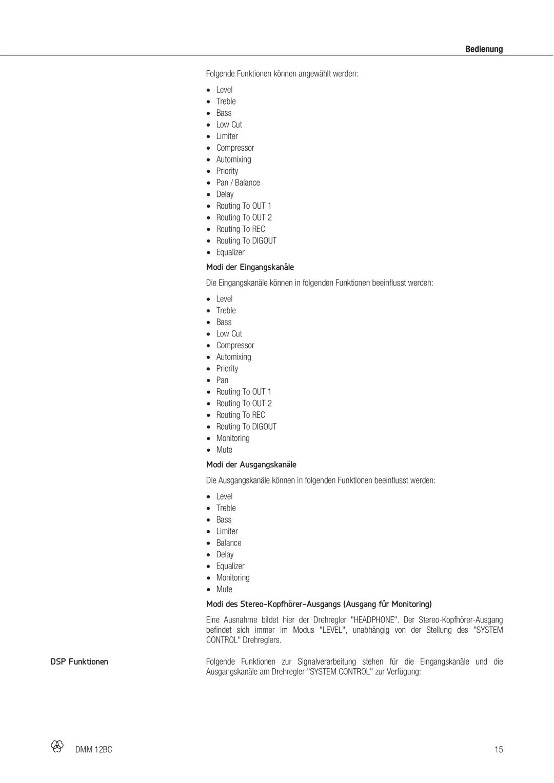 AKG Acoustics DMM 12BC manual Modi der Eingangskanäle, Modi der Ausgangskanäle, DSP Funktionen 