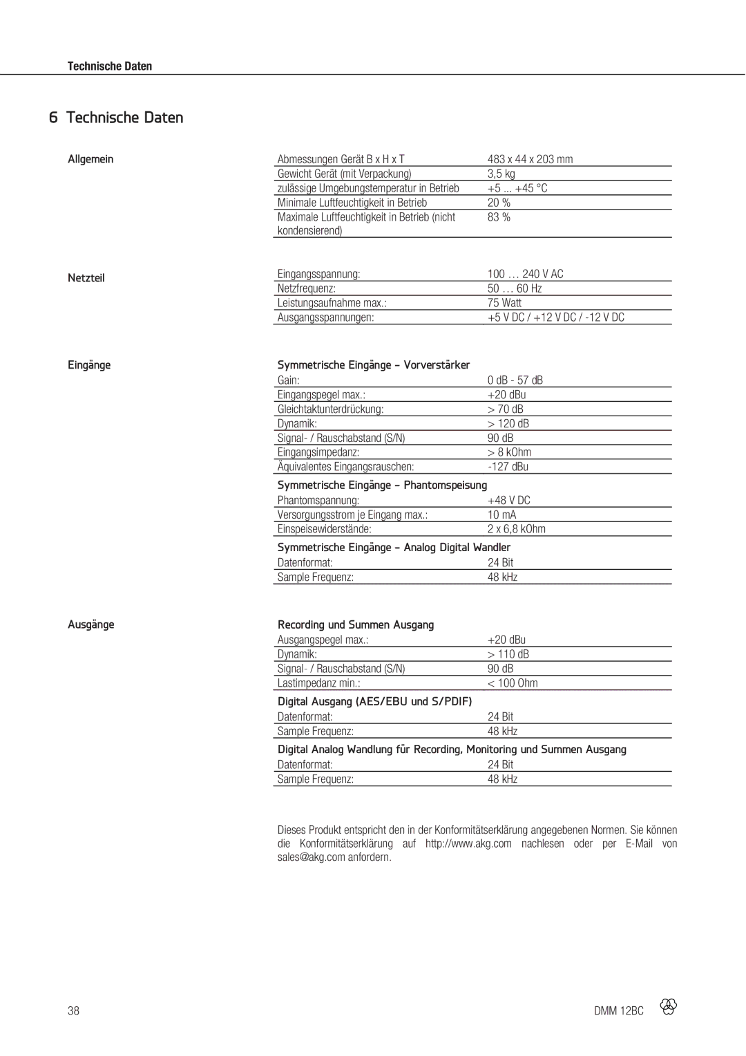 AKG Acoustics DMM 12BC manual Technische Daten, Allgemein Netzteil Eingänge Ausgänge, Recording und Summen Ausgang 