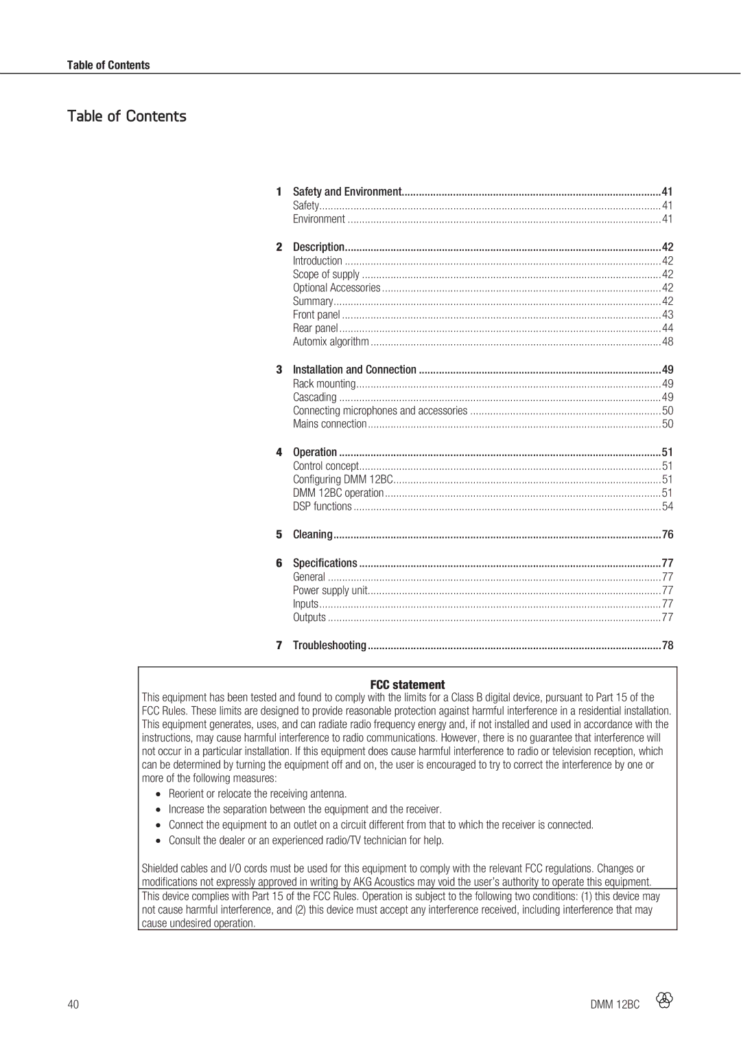 AKG Acoustics DMM 12BC manual Table of Contents 