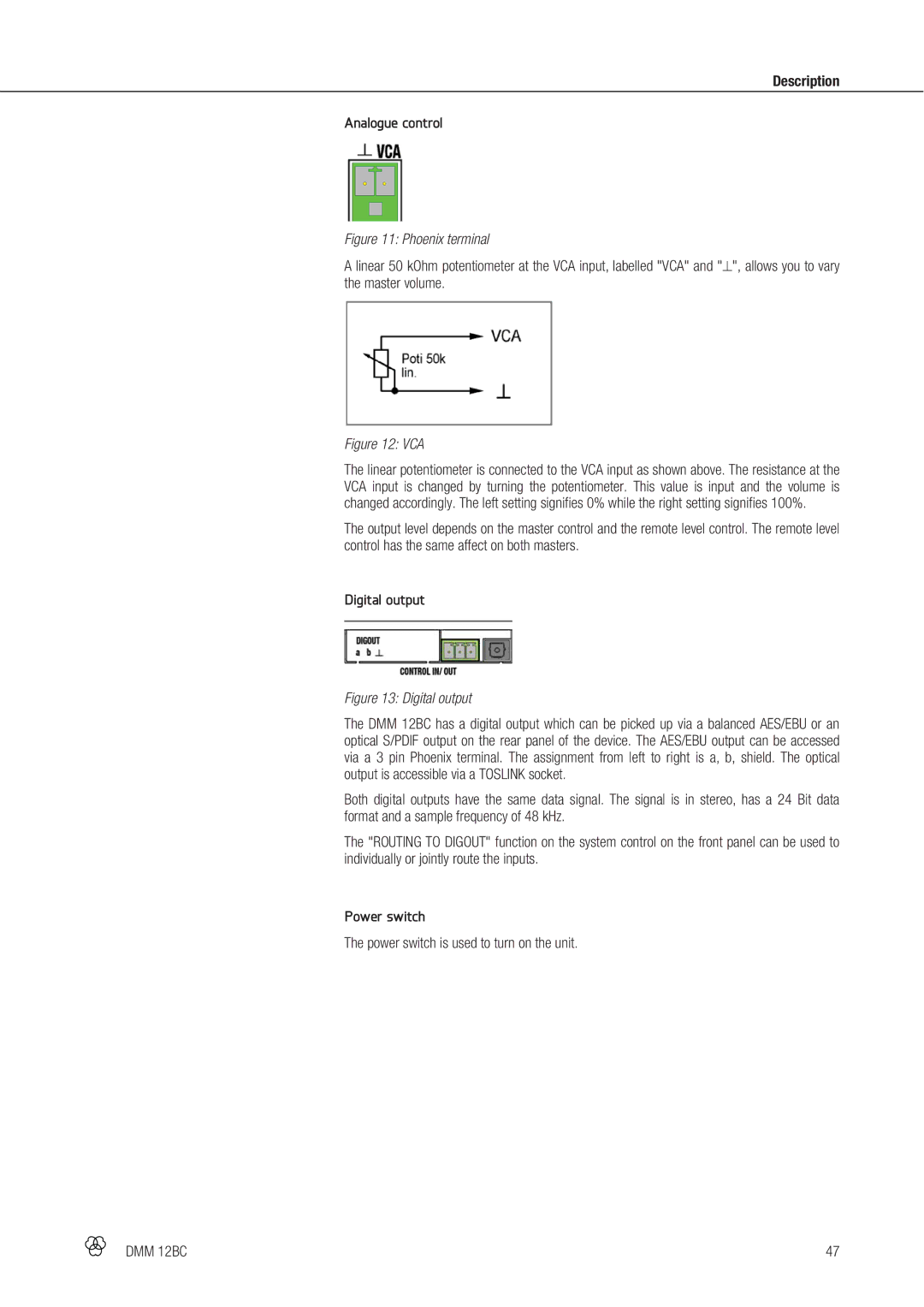 AKG Acoustics DMM 12BC manual Description Analogue control, Digital output, Power switch 