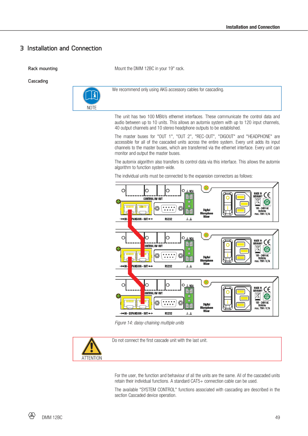 AKG Acoustics DMM 12BC manual Installation and Connection, Rack mounting, Cascading 