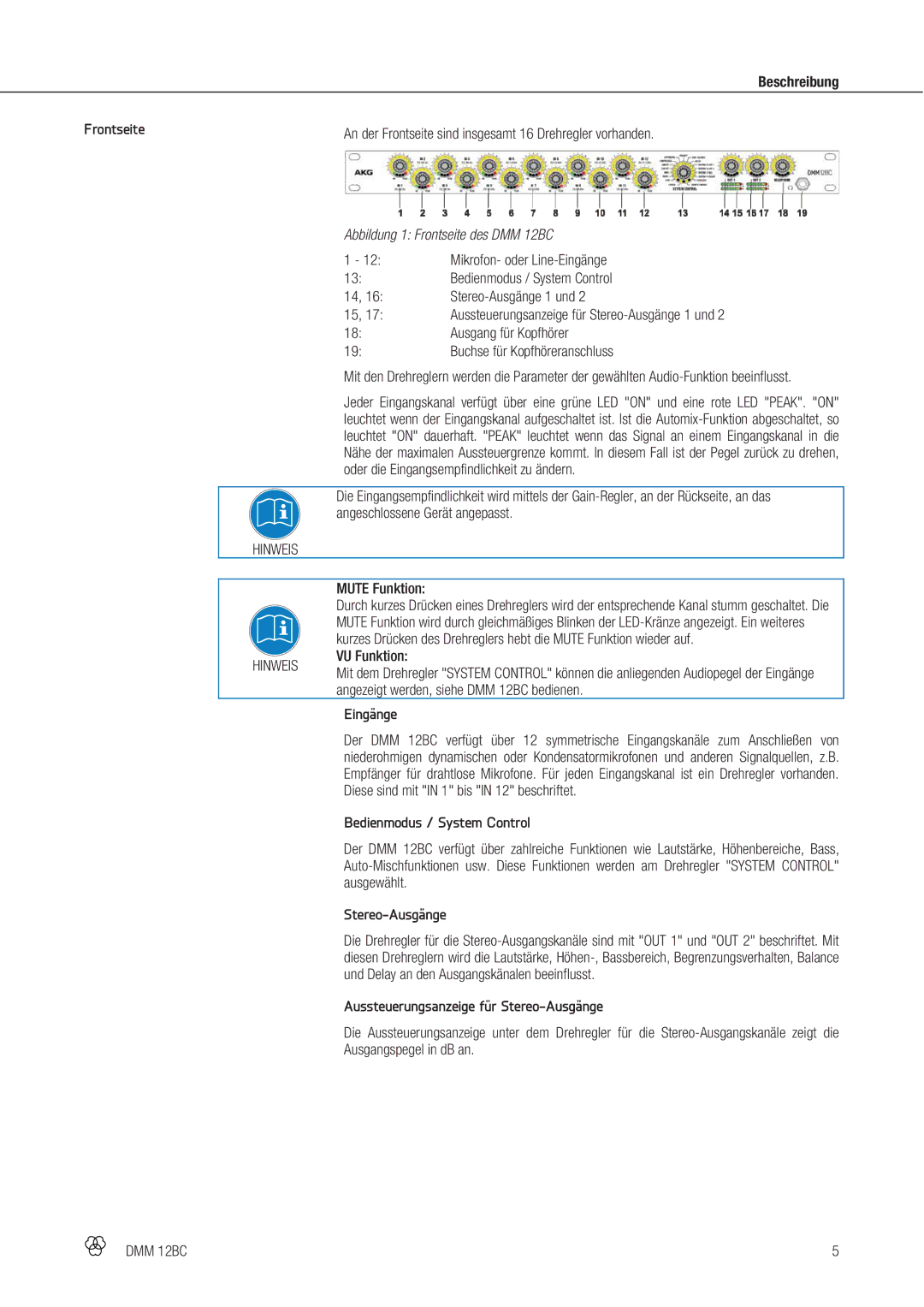 AKG Acoustics DMM 12BC manual Beschreibung Frontseite, Eingänge, Bedienmodus / System Control, Stereo-Ausgänge 