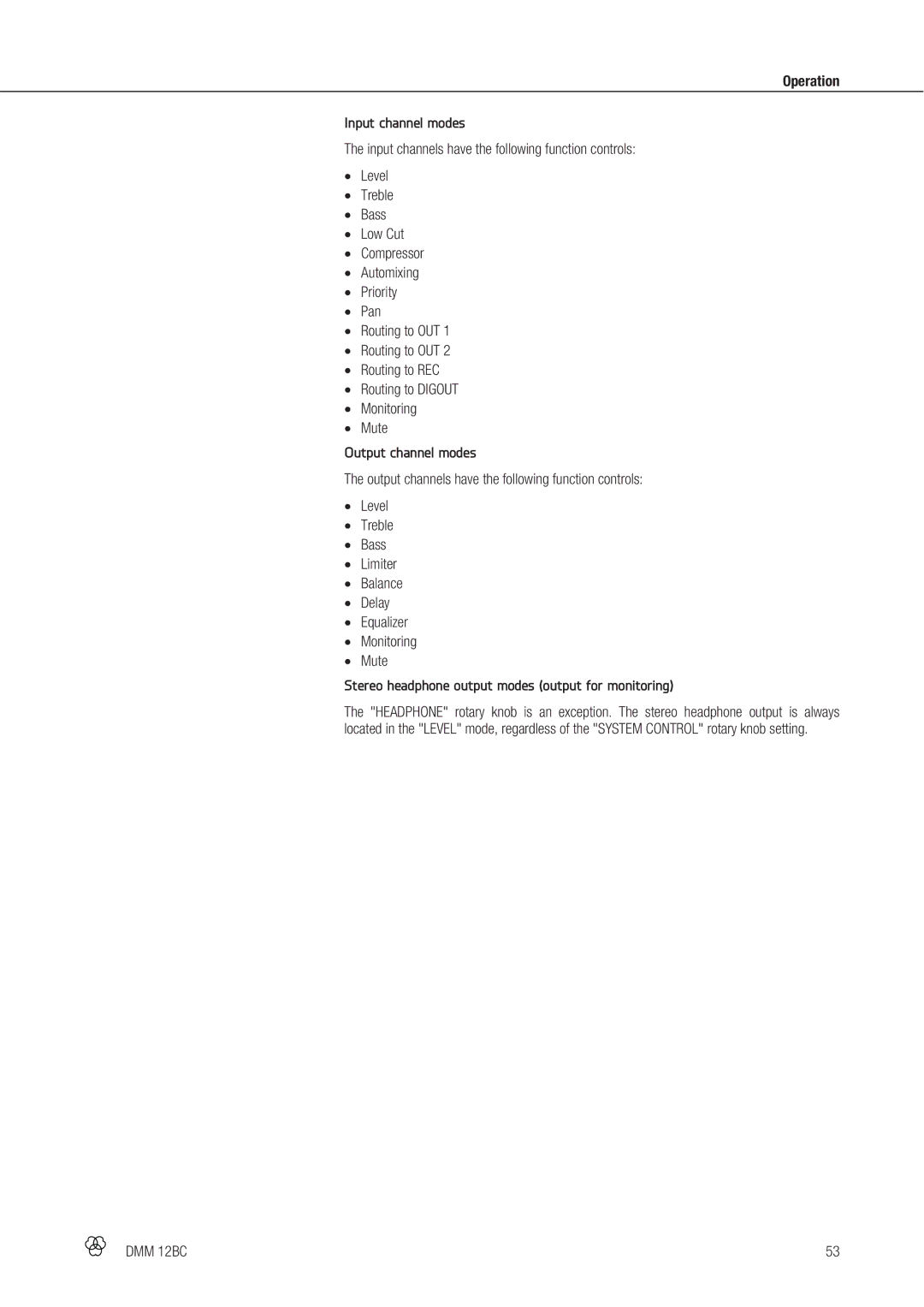 AKG Acoustics DMM 12BC manual Operation Input channel modes, Output channel modes 
