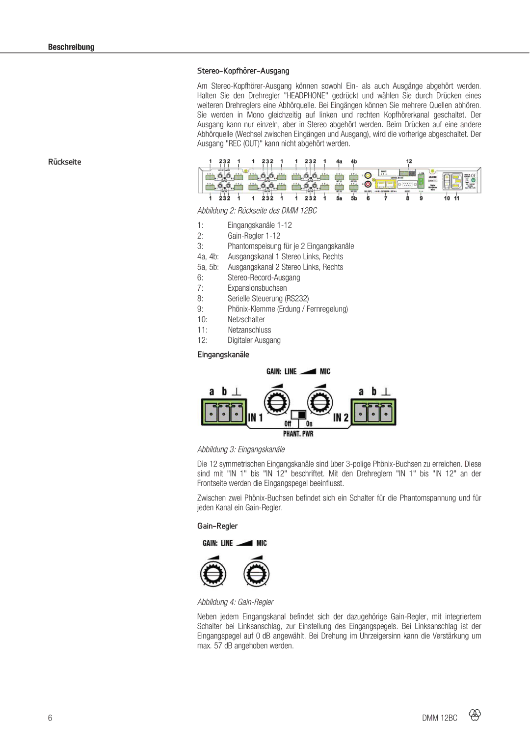 AKG Acoustics DMM 12BC manual Beschreibung Stereo-Kopfhörer-Ausgang, Rückseite, Eingangskanäle, Gain-Regler 