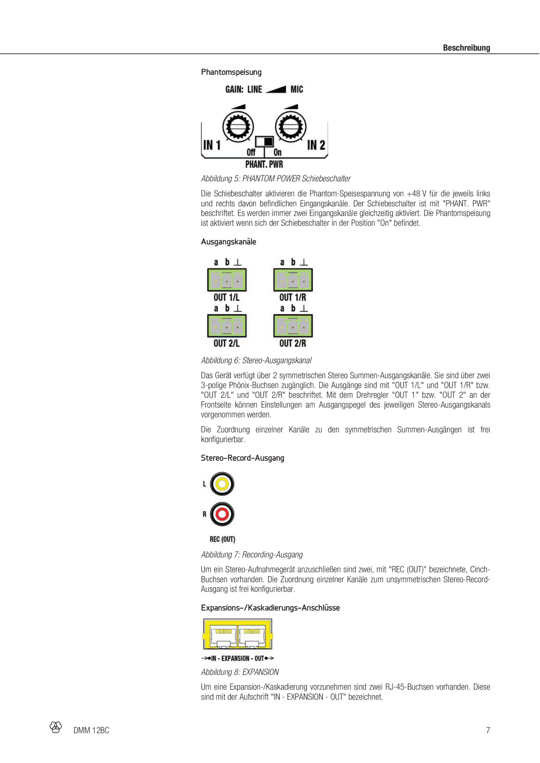 AKG Acoustics DMM 12BC manual Beschreibung Phantomspeisung, Ausgangskanäle, Stereo-Record-Ausgang 