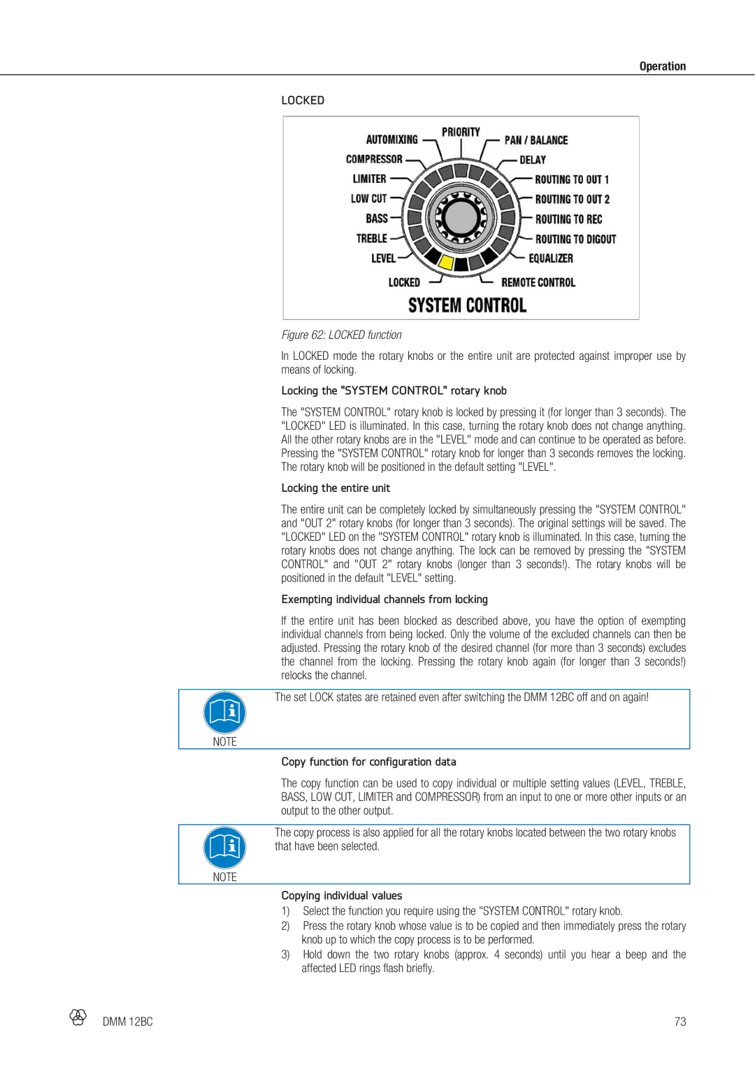AKG Acoustics DMM 12BC manual Locking the System Control rotary knob, Locking the entire unit, Copying individual values 