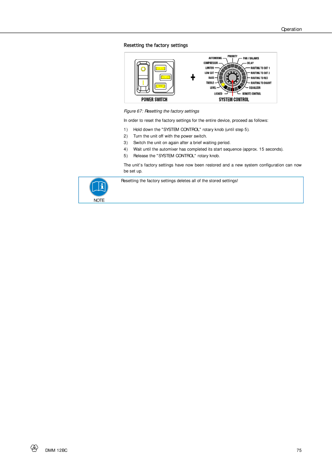 AKG Acoustics DMM 12BC manual Operation Resetting the factory settings 