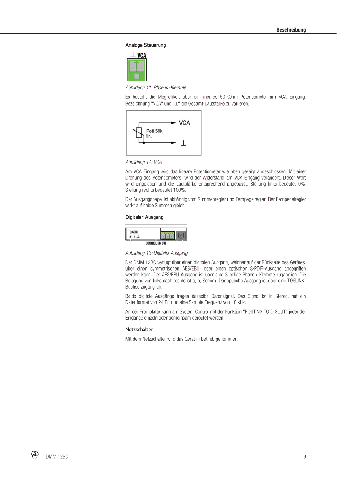 AKG Acoustics DMM 12BC manual Beschreibung Analoge Steuerung, Digitaler Ausgang, Netzschalter 