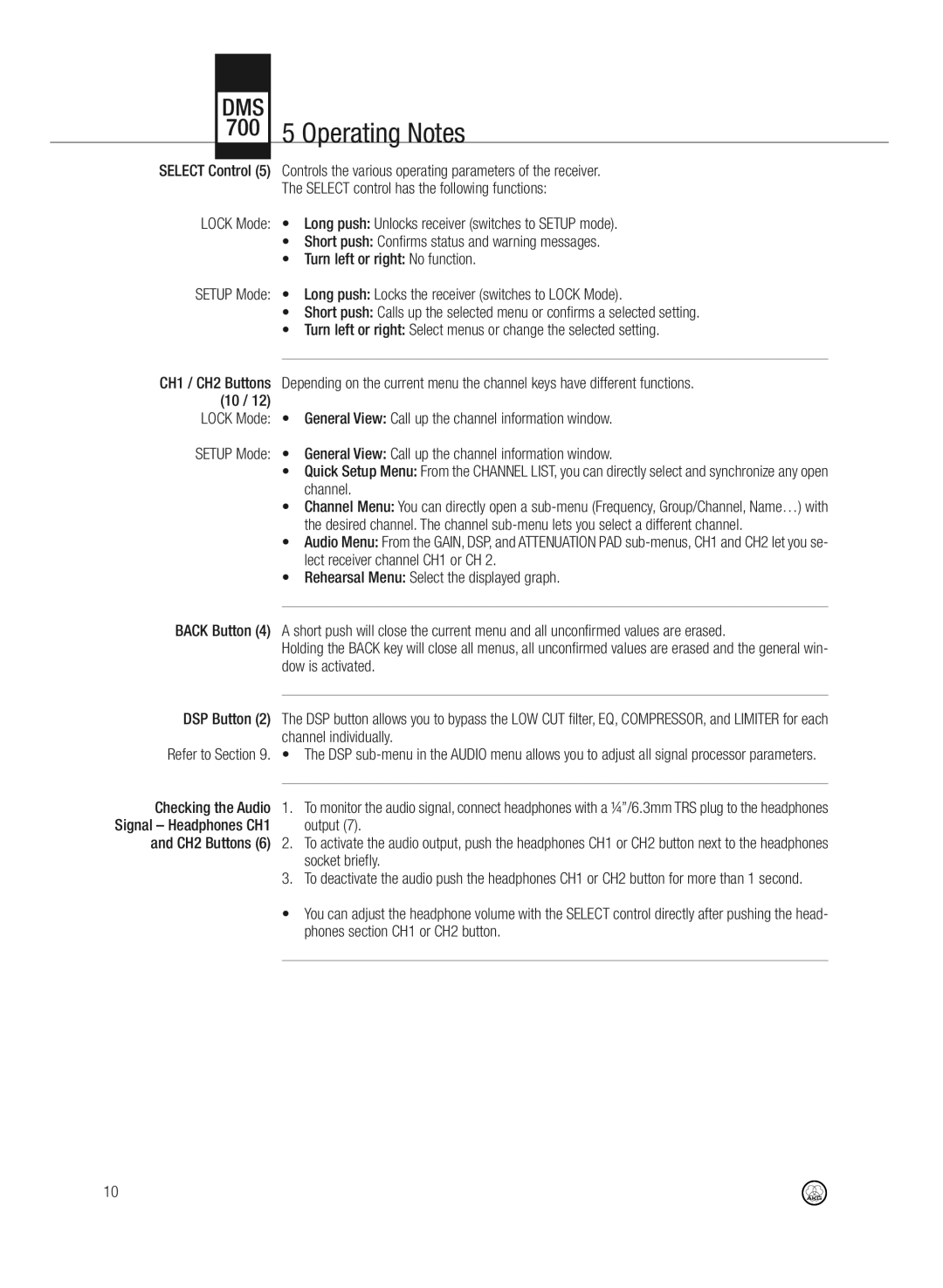 AKG Acoustics DMS700 specifications 700 5 Operating Notes 