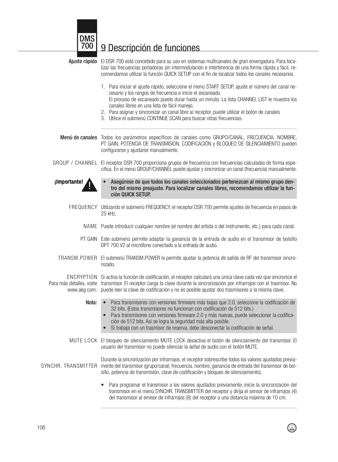 AKG Acoustics DMS700 specifications Descripción de funciones, Transm.Power 