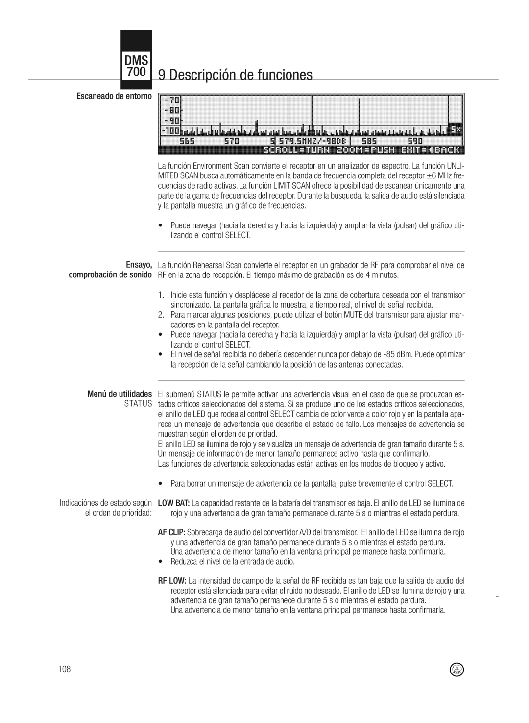 AKG Acoustics DMS700 700 9 Descripción de funciones, Escaneado de entorno, 108, Reduzca el nivel de la entrada de audio 