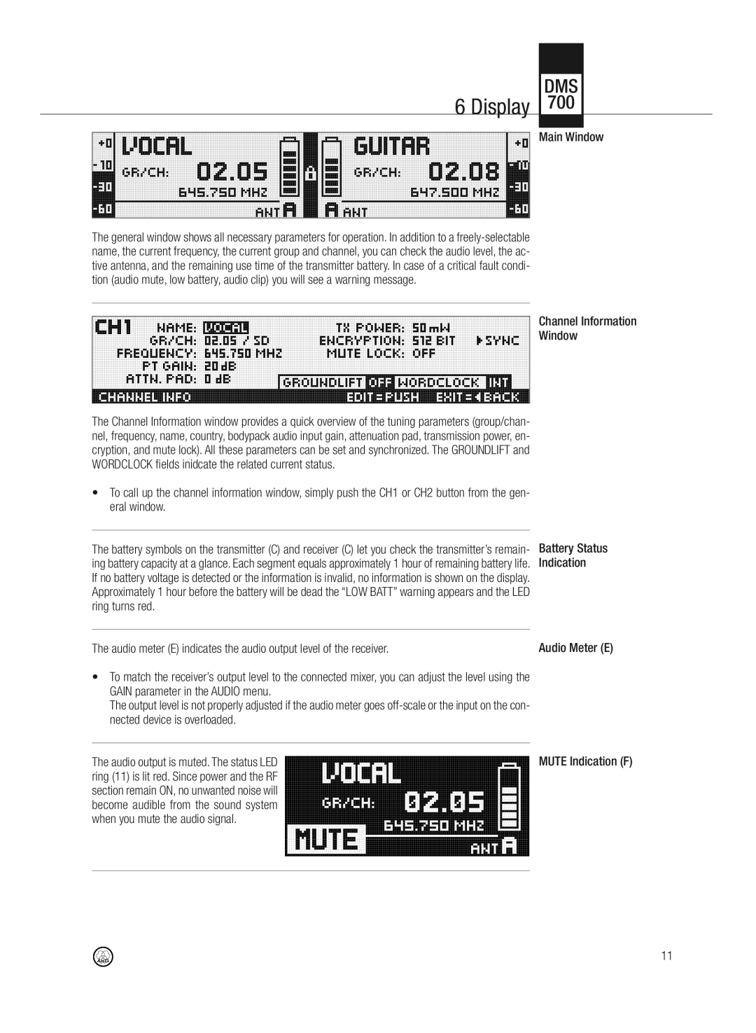 AKG Acoustics DMS700 specifications Display, Main Window, Channel Information Window 