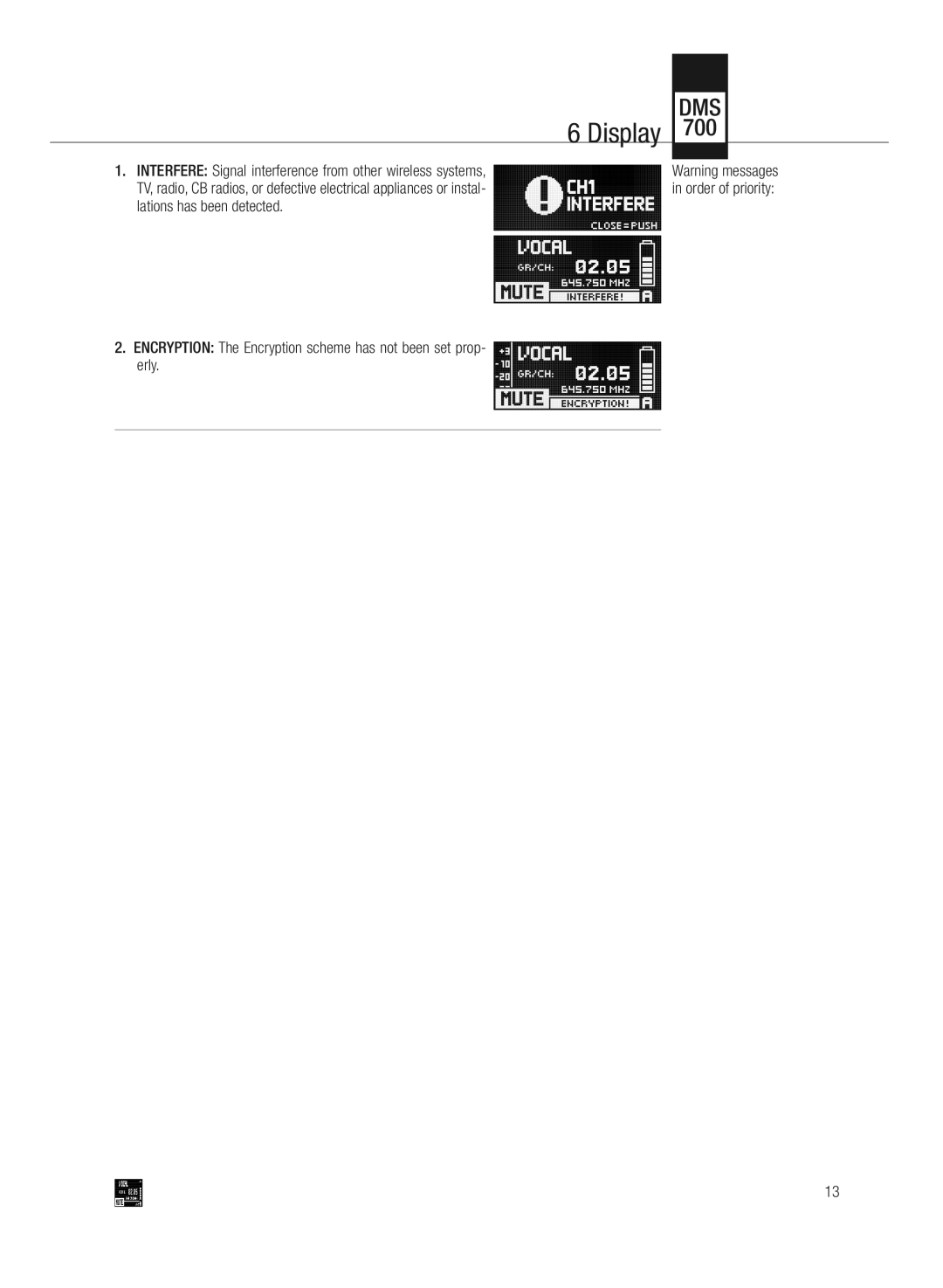 AKG Acoustics DMS700 specifications Encryption The Encryption scheme has not been set prop- erly, Lations has been detected 