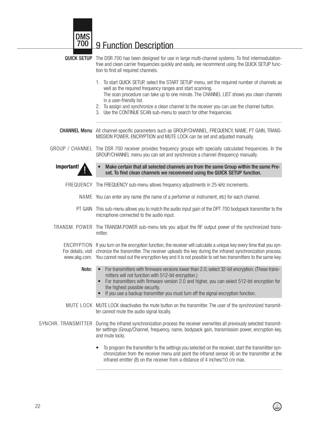 AKG Acoustics DMS700 specifications Function Description, Quick Setup, Frequency, Encryption, Mute Lock 