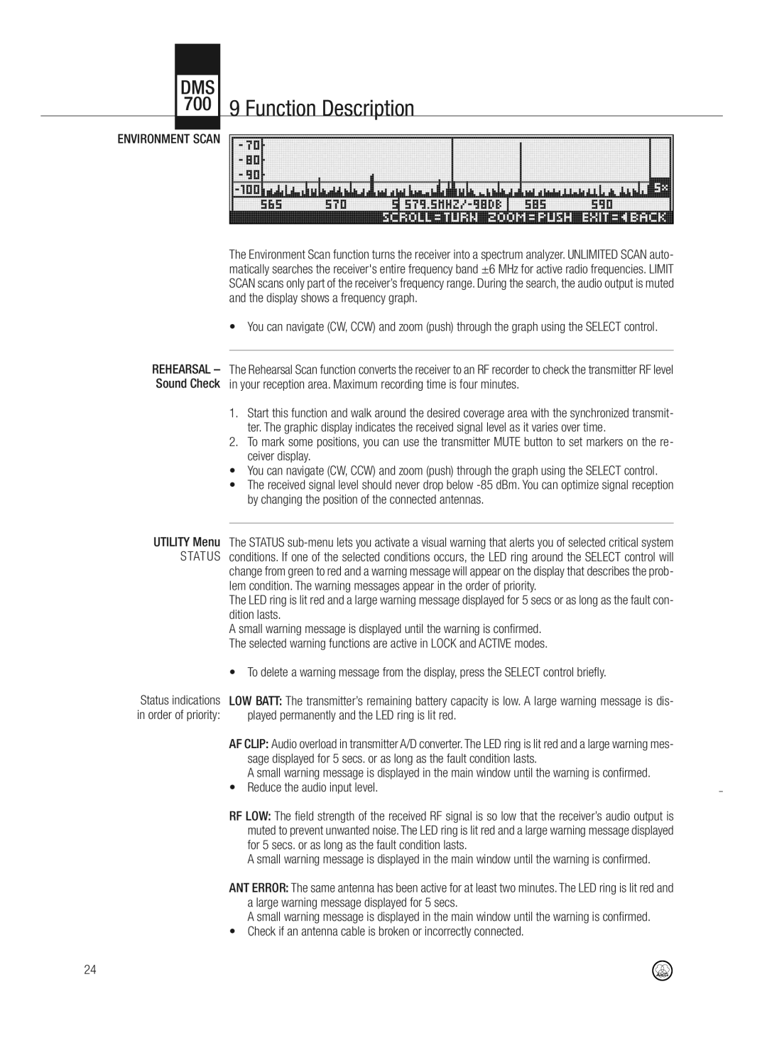 AKG Acoustics DMS700 700 9 Function Description, Environment Scan, Status, Reduce the audio input level, Utility Menu 