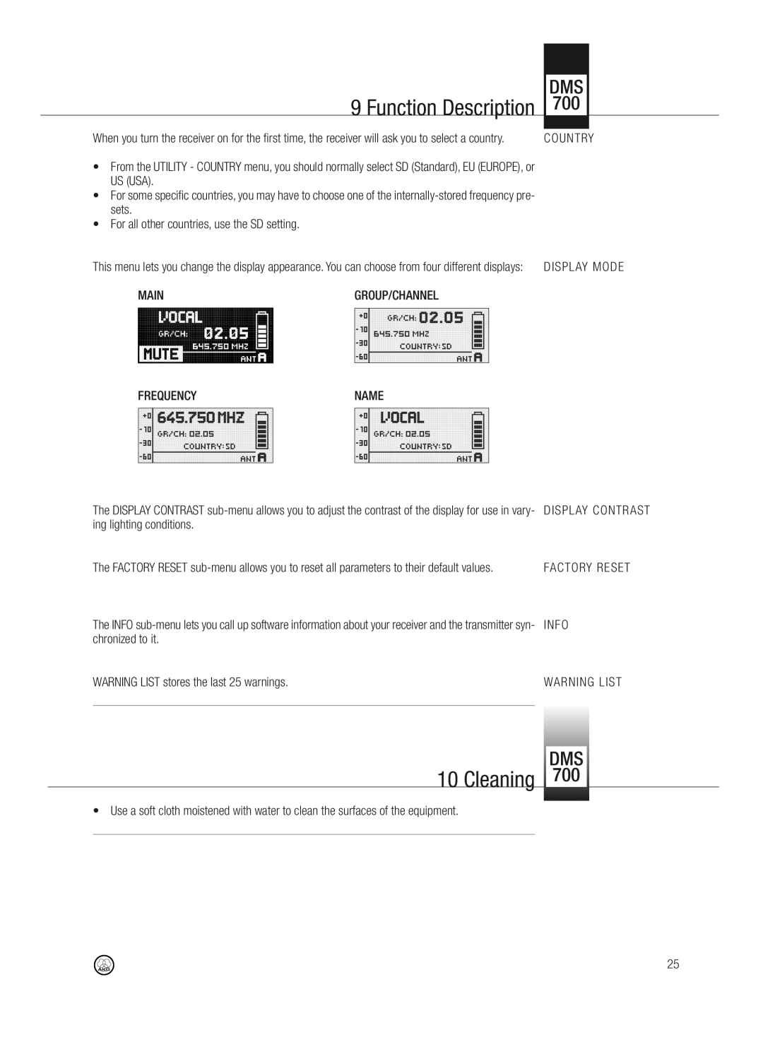 AKG Acoustics DMS700 specifications Cleaning, Main, Ing lighting conditions 