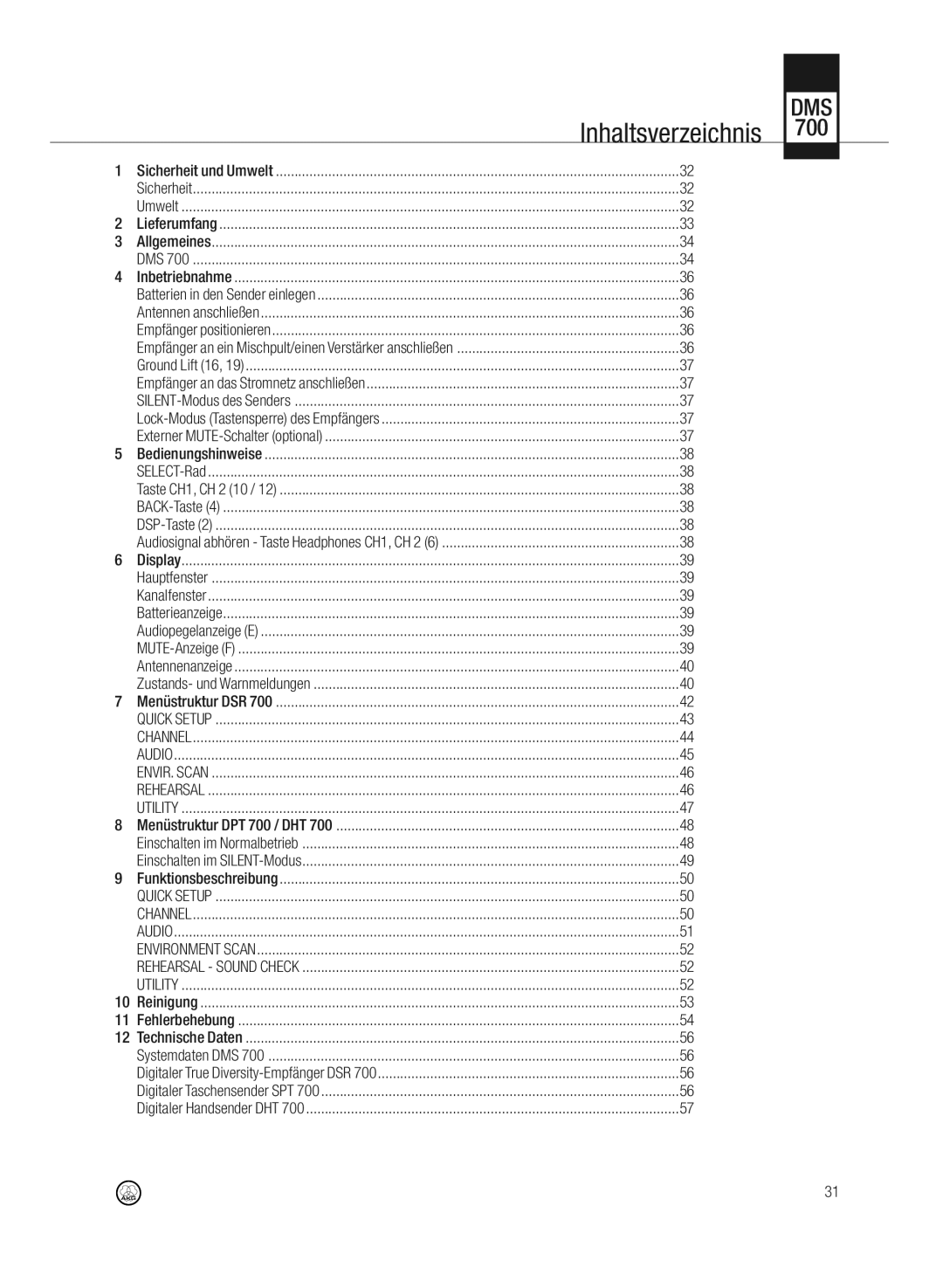 AKG Acoustics DMS700 specifications Inhaltsverzeichnis 