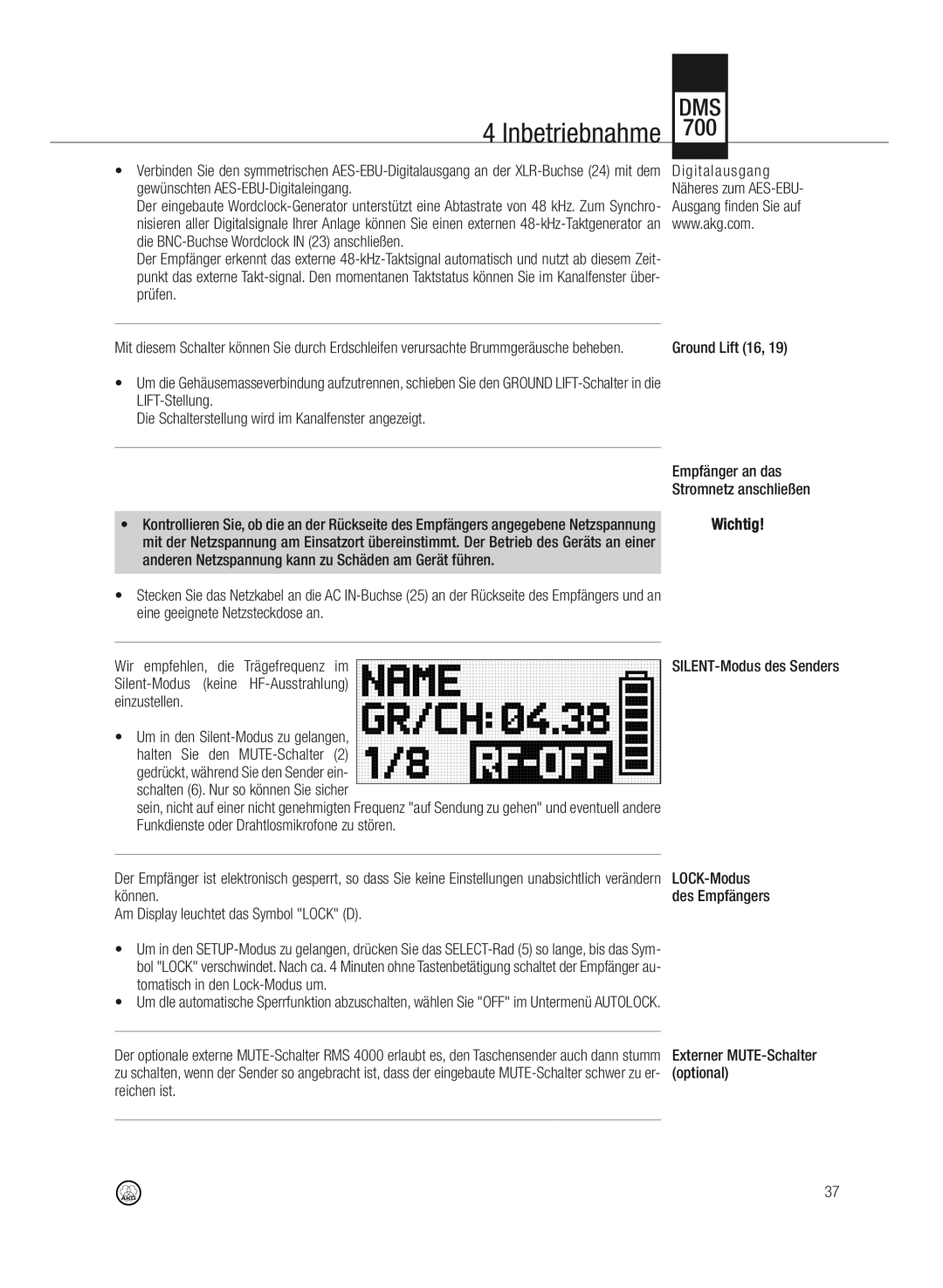 AKG Acoustics DMS700 Digitalausgang, Gewünschten AES-EBU-Digitaleingang Näheres zum AES-EBU, Ausgang finden Sie auf 