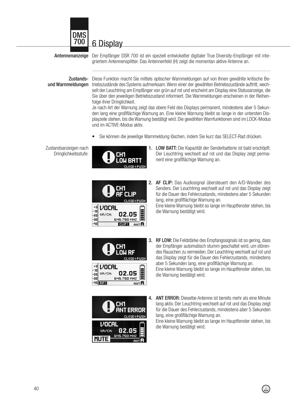 AKG Acoustics DMS700 specifications Antennenanzeige, Zustands, Folge ihrer Dringlichkeit, Und im ACTIVE-Modus aktiv 