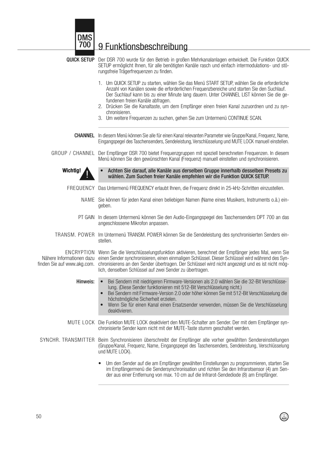 AKG Acoustics DMS700 specifications 700 9 Funktionsbeschreibung, Group / Channel, PT Gain, TRANSM. Power 
