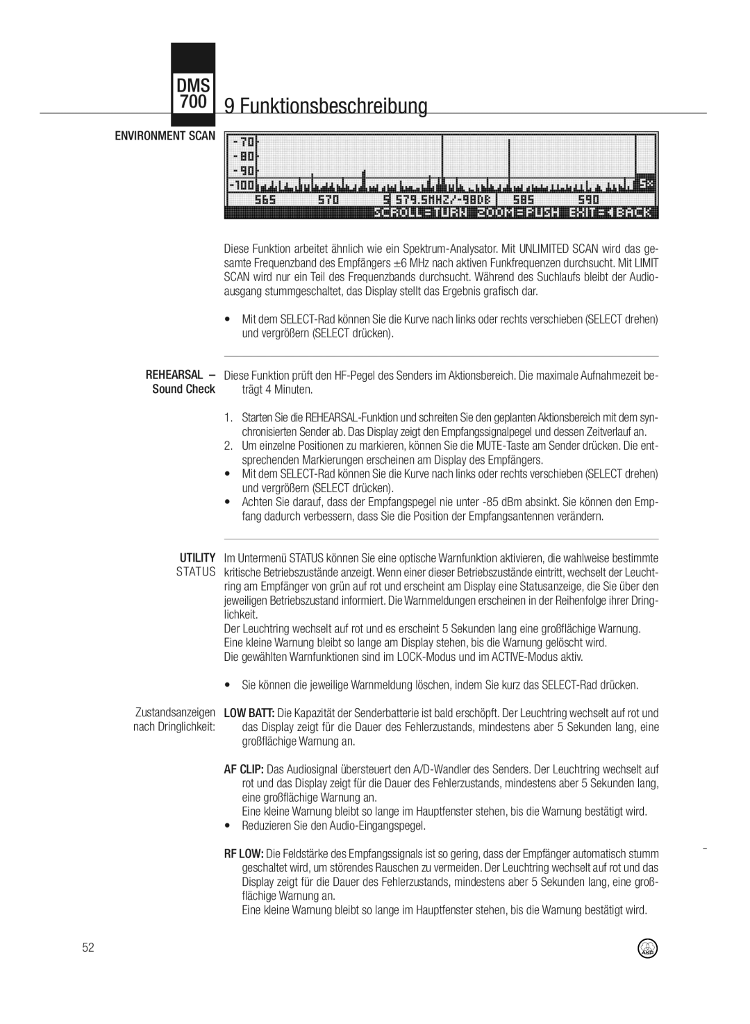 AKG Acoustics DMS700 specifications Utility Status, Reduzieren Sie den Audio-Eingangspegel 