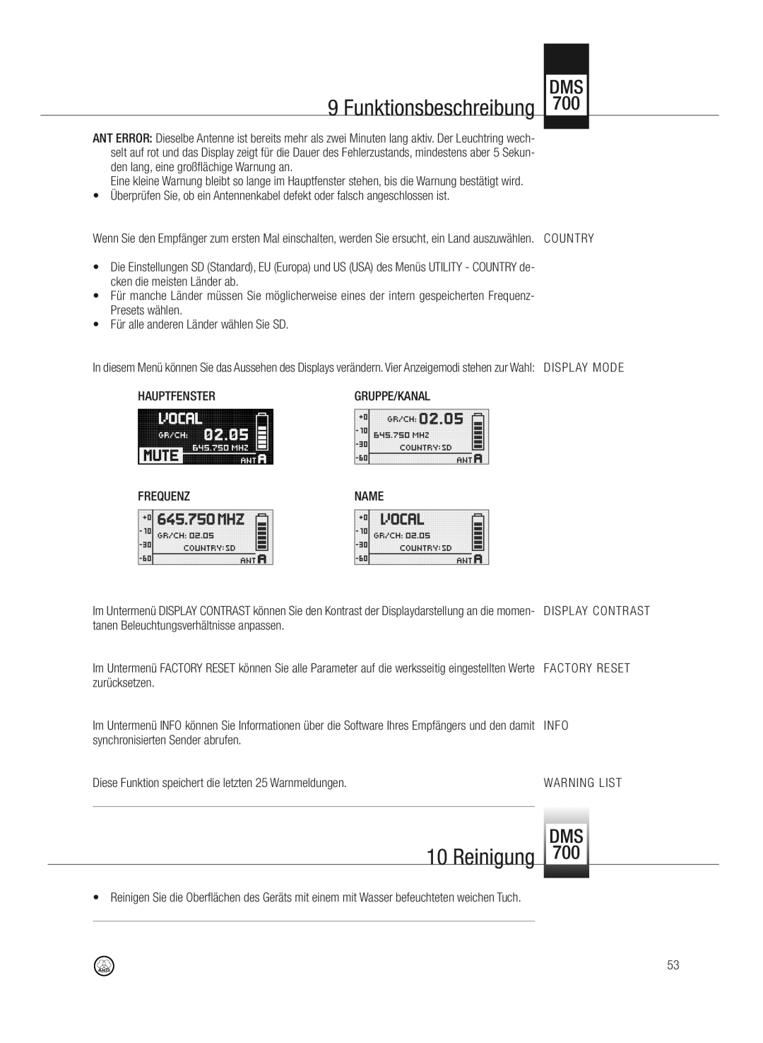 AKG Acoustics DMS700 specifications Reinigung, Hauptfenster, Frequenz, Info 