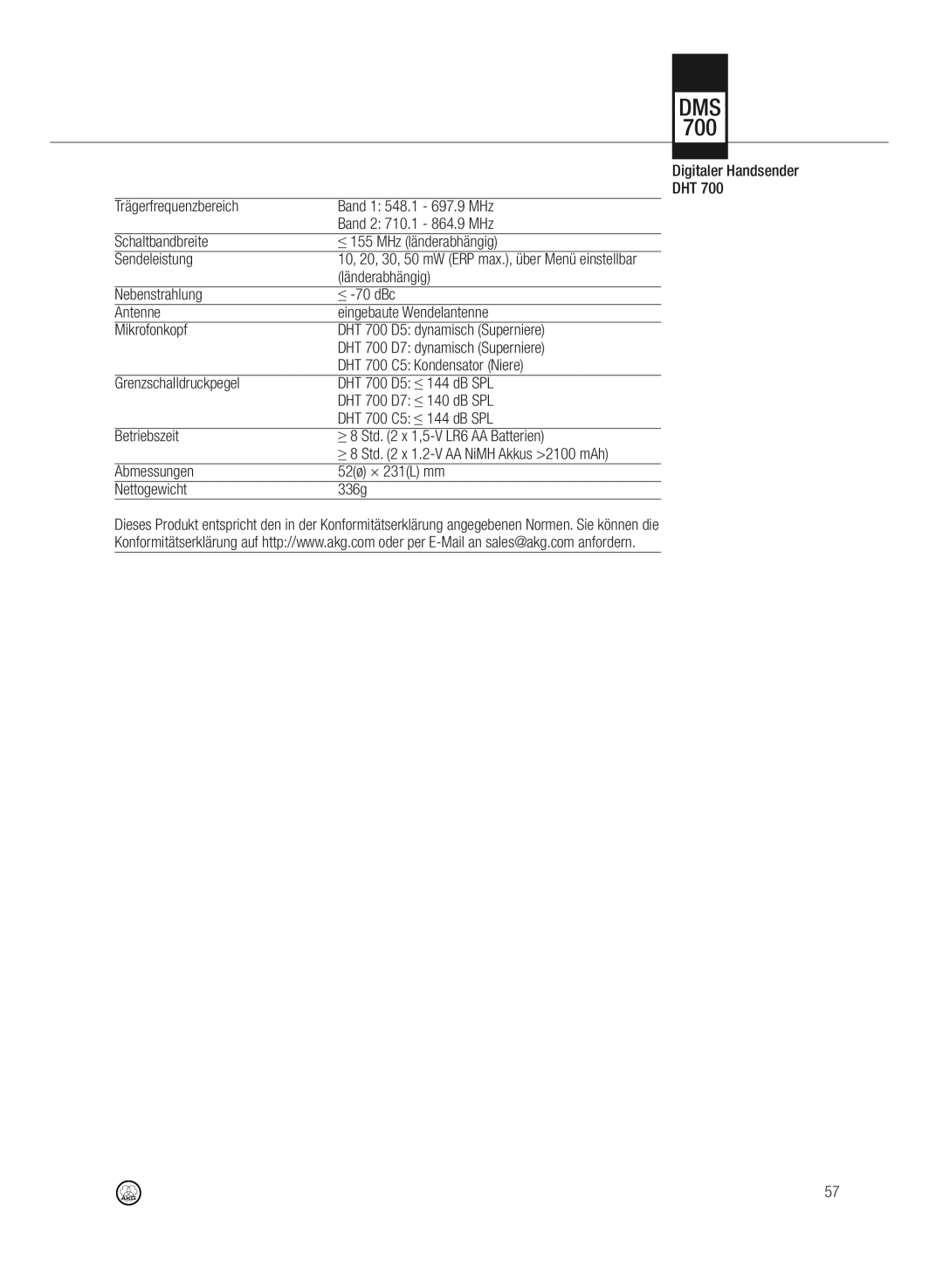 AKG Acoustics DMS700 specifications Abmessungen 52ø × 231L mm Nettogewicht 336g 