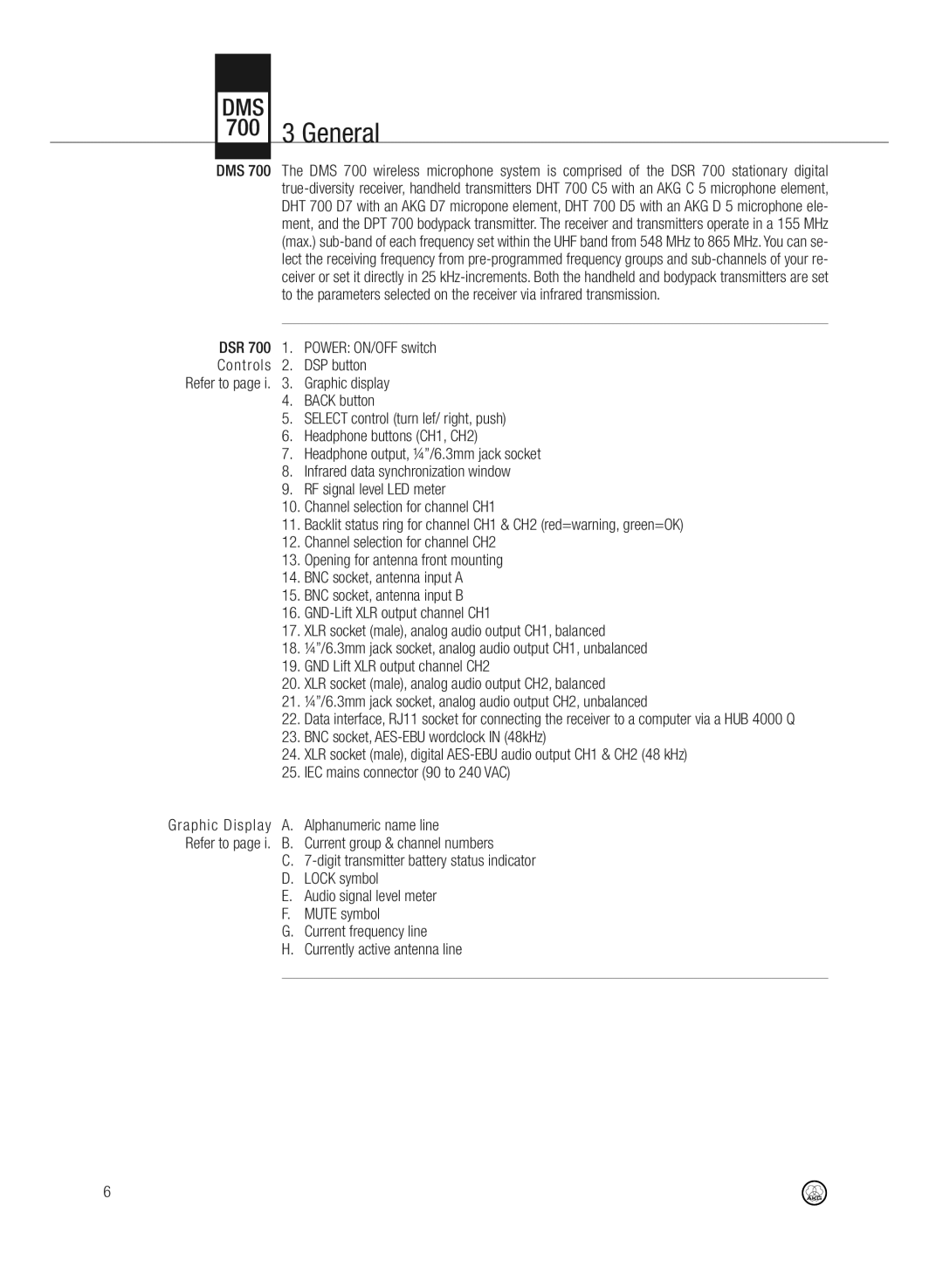 AKG Acoustics DMS700 specifications 700 3 General 