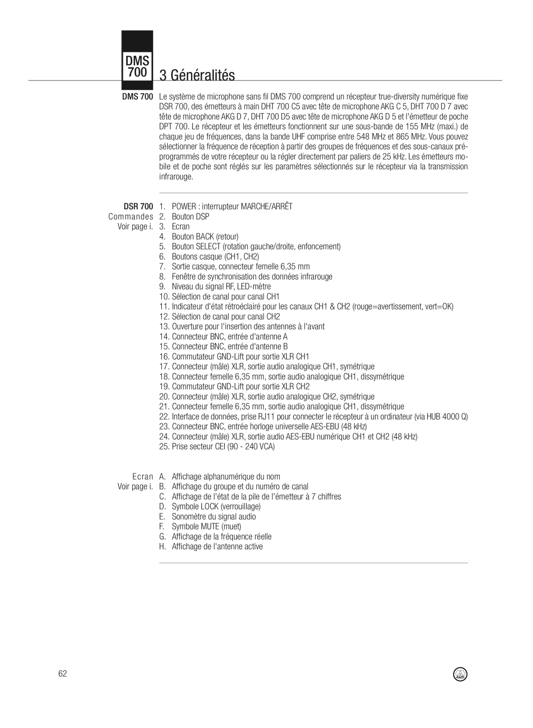 AKG Acoustics DMS700 specifications 700 3 Généralités 