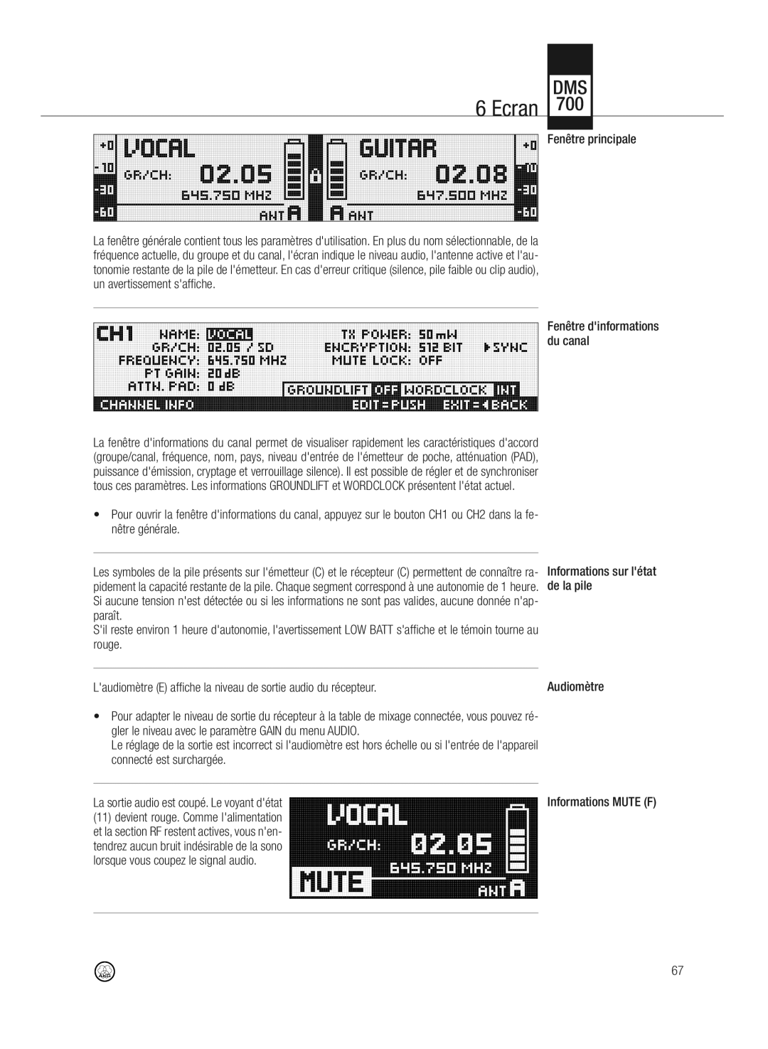 AKG Acoustics DMS700 specifications Ecran, Fenêtre principale 