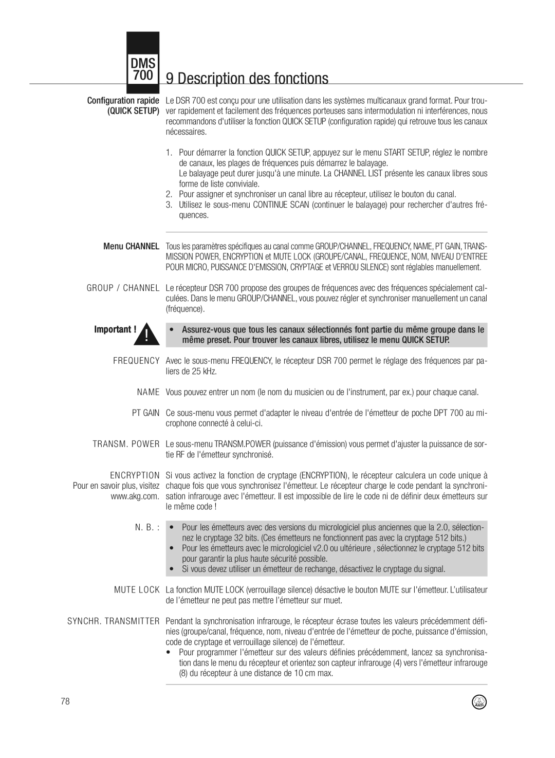 AKG Acoustics DMS700 700 9 Description des fonctions, Name, De l’émetteur ne peut pas mettre l’émetteur sur muet 