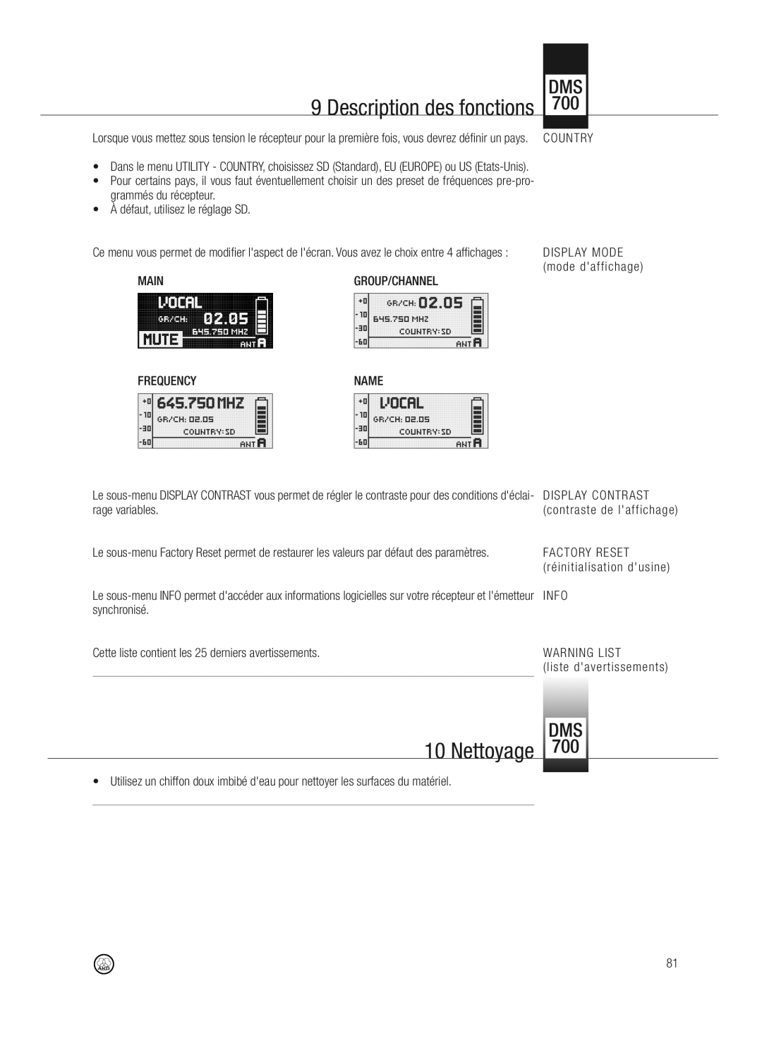 AKG Acoustics DMS700 specifications Nettoyage, Main GROUP/CHANNEL, Rage variables, Factory Reset 