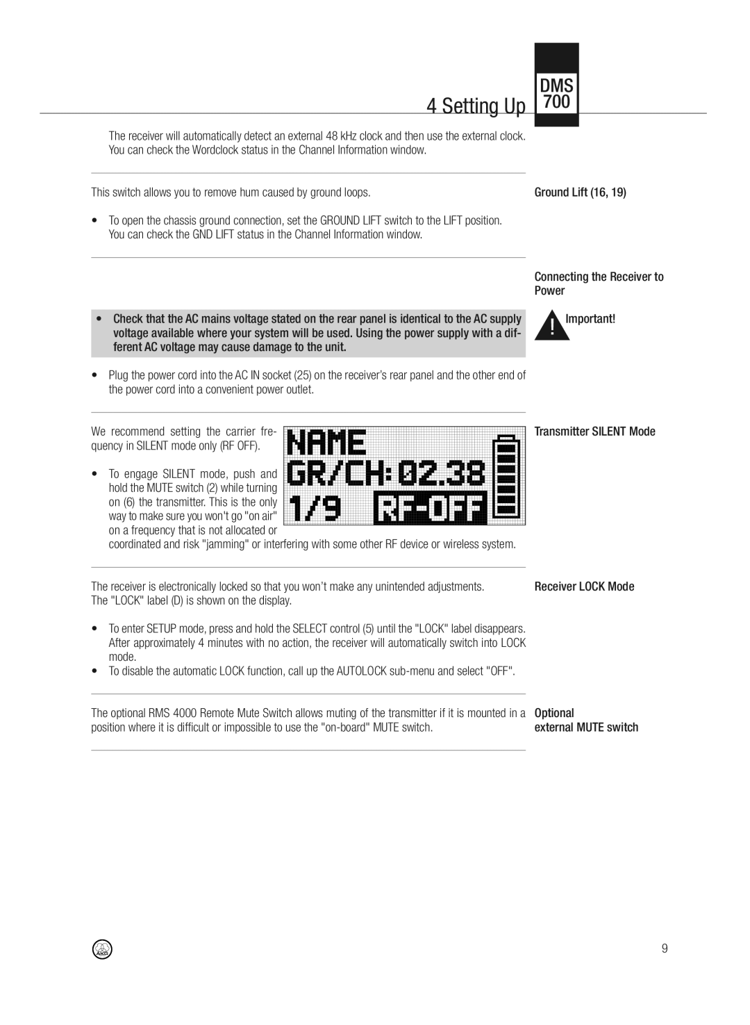 AKG Acoustics DMS700 specifications Setting Up, This switch allows you to remove hum caused by ground loops 