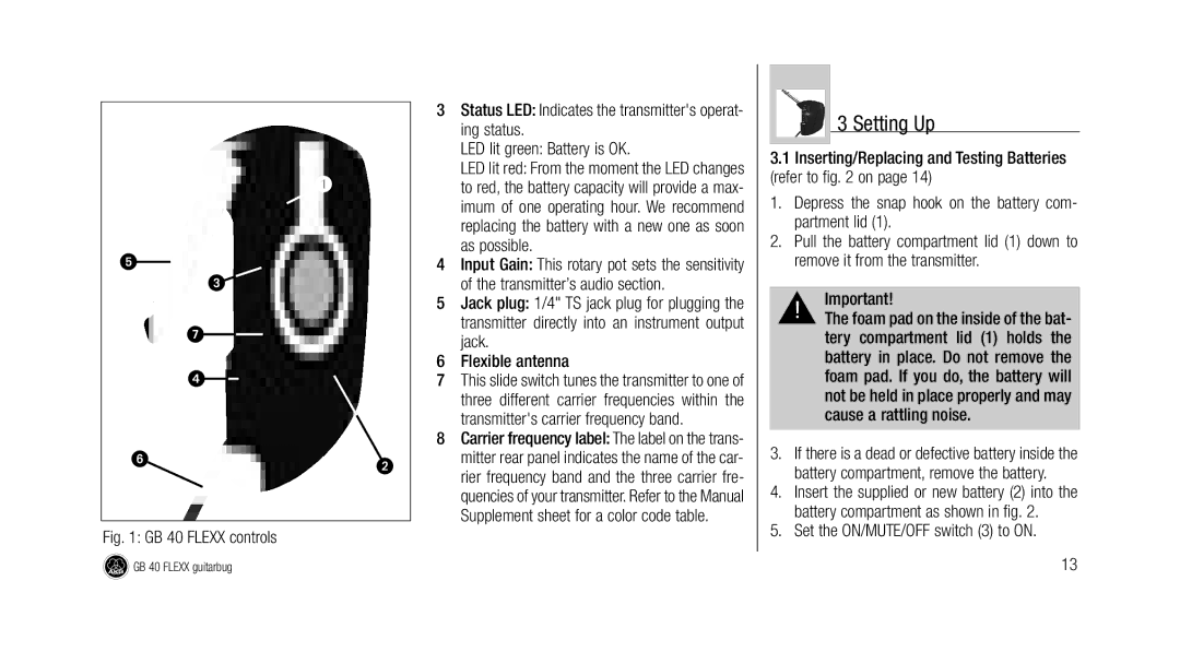 AKG Acoustics GB 40 manual Setting Up, Set the ON/MUTE/OFF switch 3 to on 