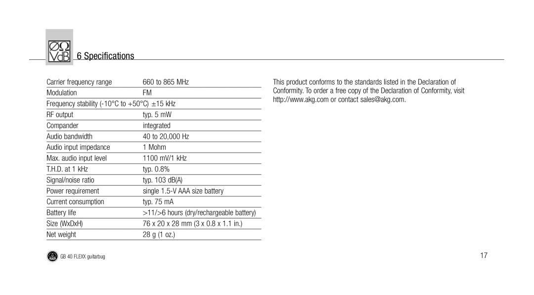 AKG Acoustics GB 40 manual Specifications, Size WxDxH, Net weight 28 g 1 oz 