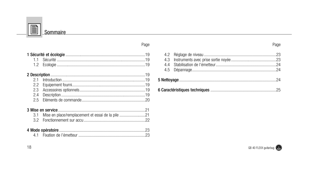 AKG Acoustics GB 40 manual Sommaire, Nettoyage, Caractéristiques techniques 