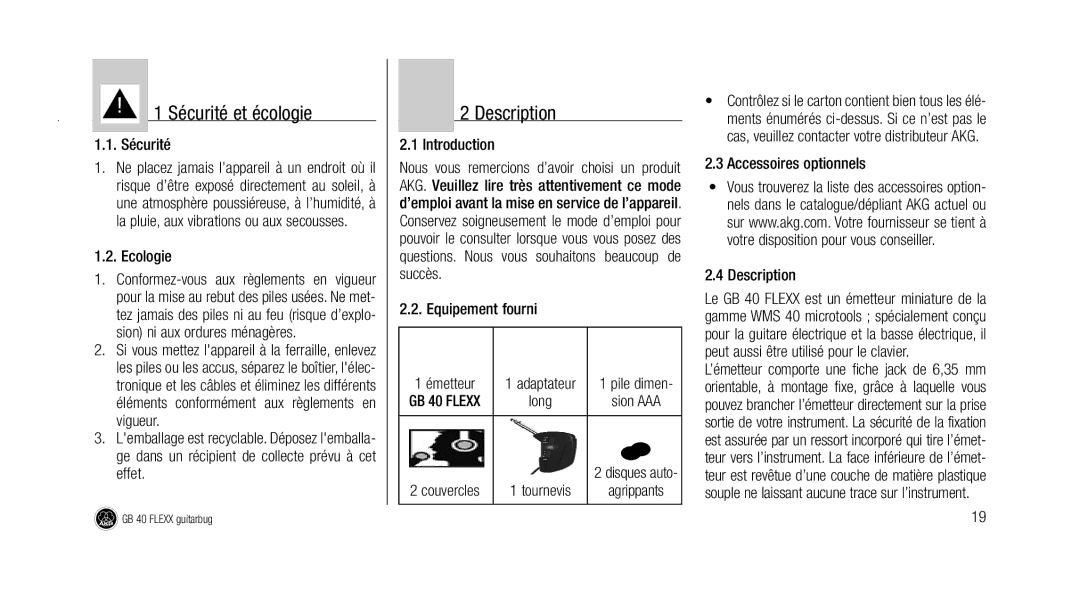 AKG Acoustics GB 40 manual Sécurité et écologie, Ecologie, Equipement fourni Émetteur, Accessoires optionnels Description 