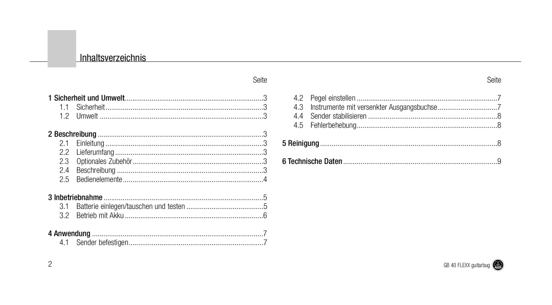 AKG Acoustics GB 40 manual Inhaltsverzeichnis, Seite, Reinigung, Technische Daten 