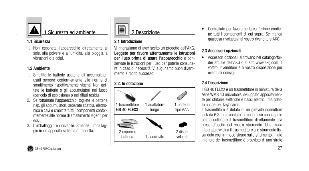 AKG Acoustics GB 40 manual Sicurezza ed ambiente, Descrizione 