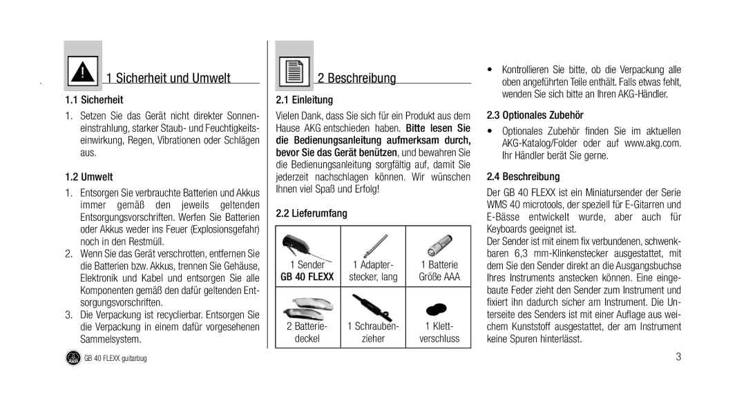 AKG Acoustics GB 40 manual Sicherheit und Umwelt, Beschreibung 