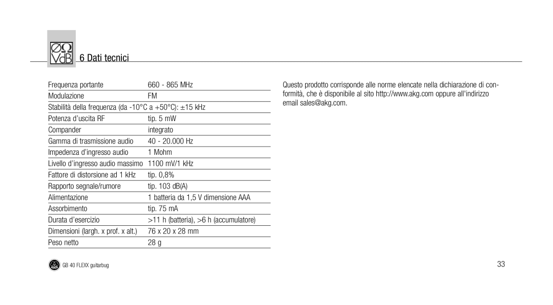 AKG Acoustics GB 40 manual Dati tecnici, Tip ,8%, Rapporto segnale/rumore Tip dBA Alimentazione, Peso netto 28 g 