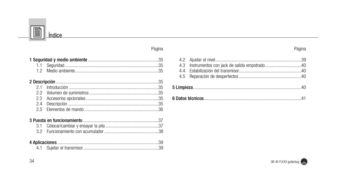 AKG Acoustics GB 40 manual Índice, Página, Datos técnicos 