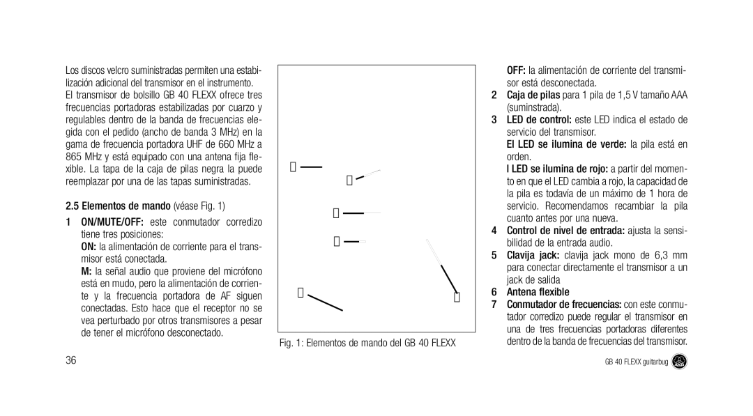 AKG Acoustics manual Jack de salida Antena flexible, Elementos de mando del GB 40 Flexx 