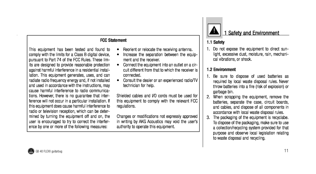 AKG Acoustics GB 40 manual Safety and Environment, FCC Statement 