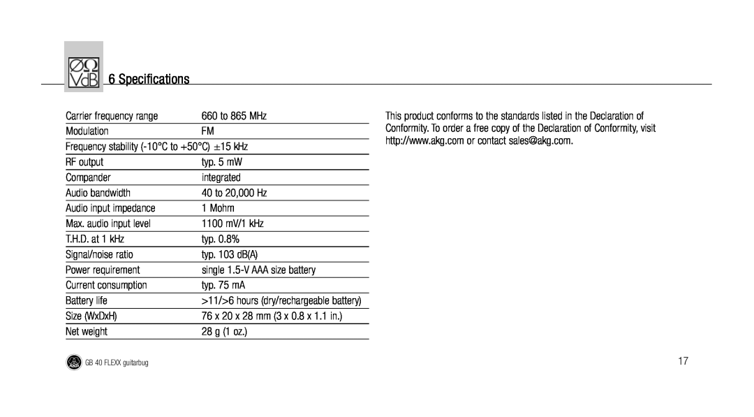 AKG Acoustics GB 40 manual Specifications 