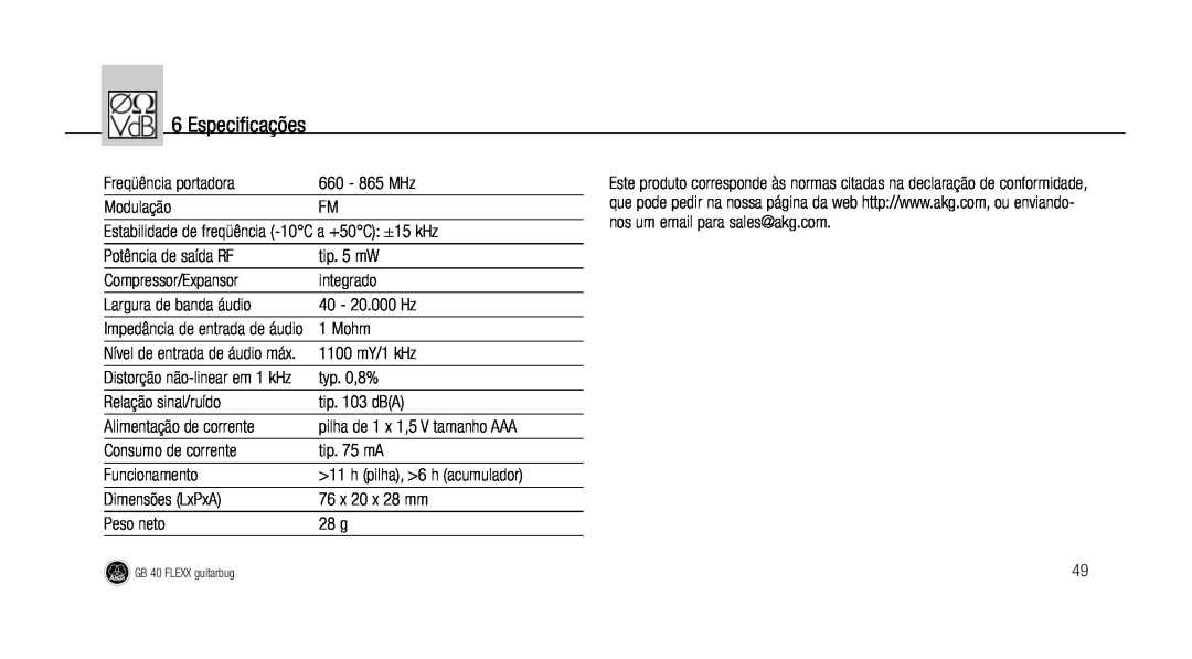 AKG Acoustics GB 40 manual Especificações 