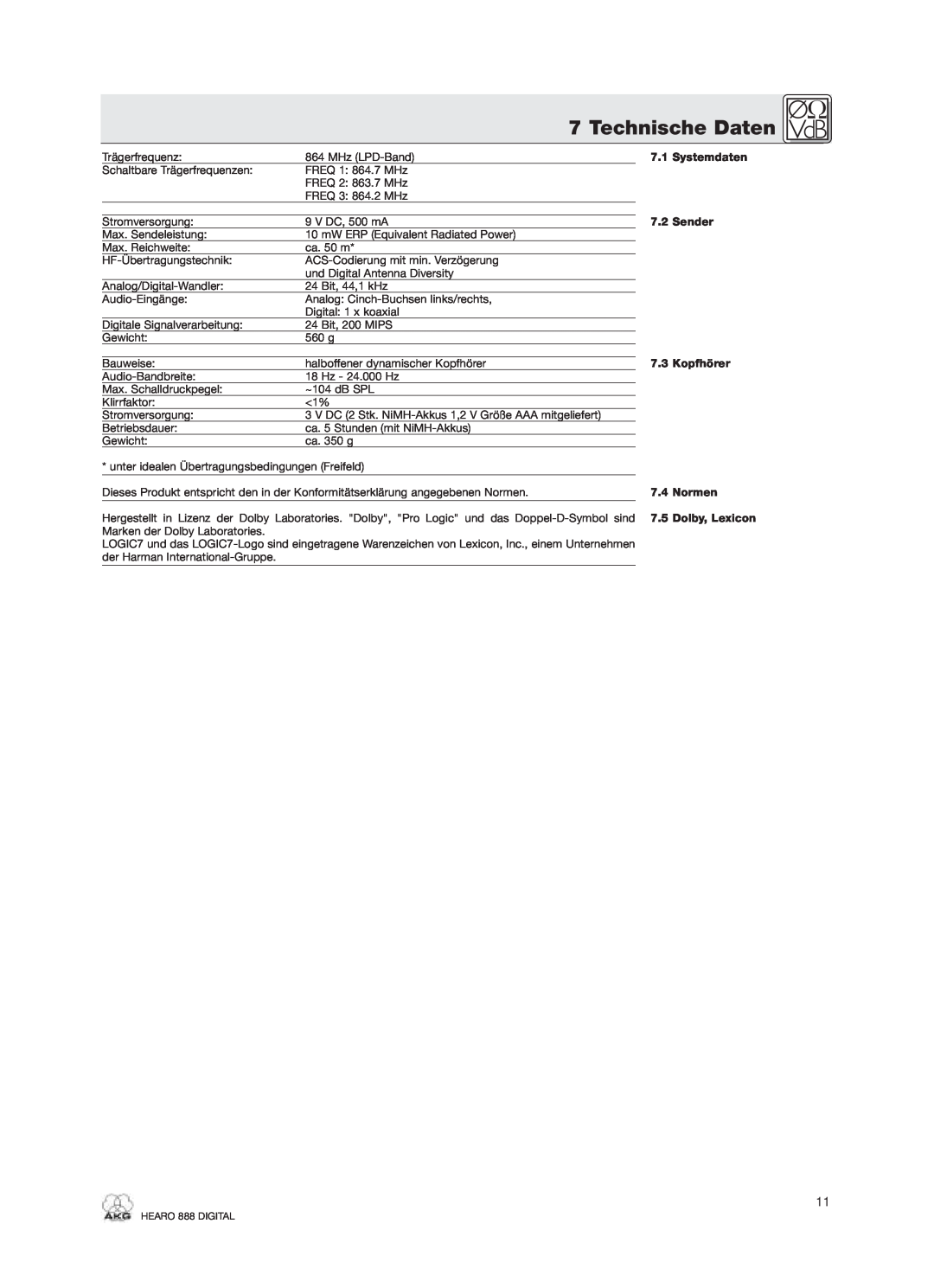 AKG Acoustics HEARO 888 specifications Technische Daten, Systemdaten, Sender, Kopfhörer, Normen, Dolby, Lexicon 