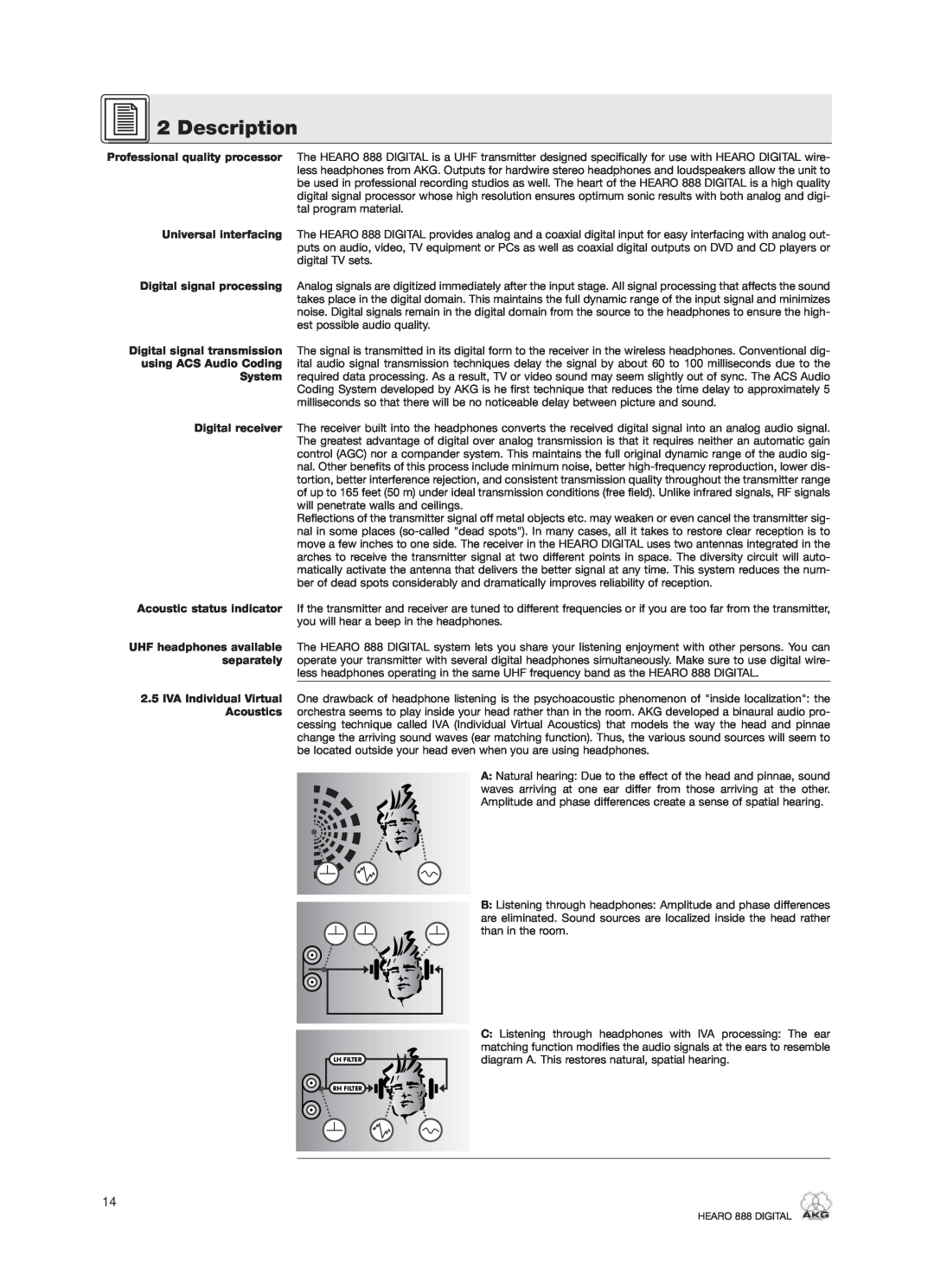 AKG Acoustics HEARO 888 specifications Description, diagram A. This restores natural, spatial hearing, Lh Filter, Rh Filter 