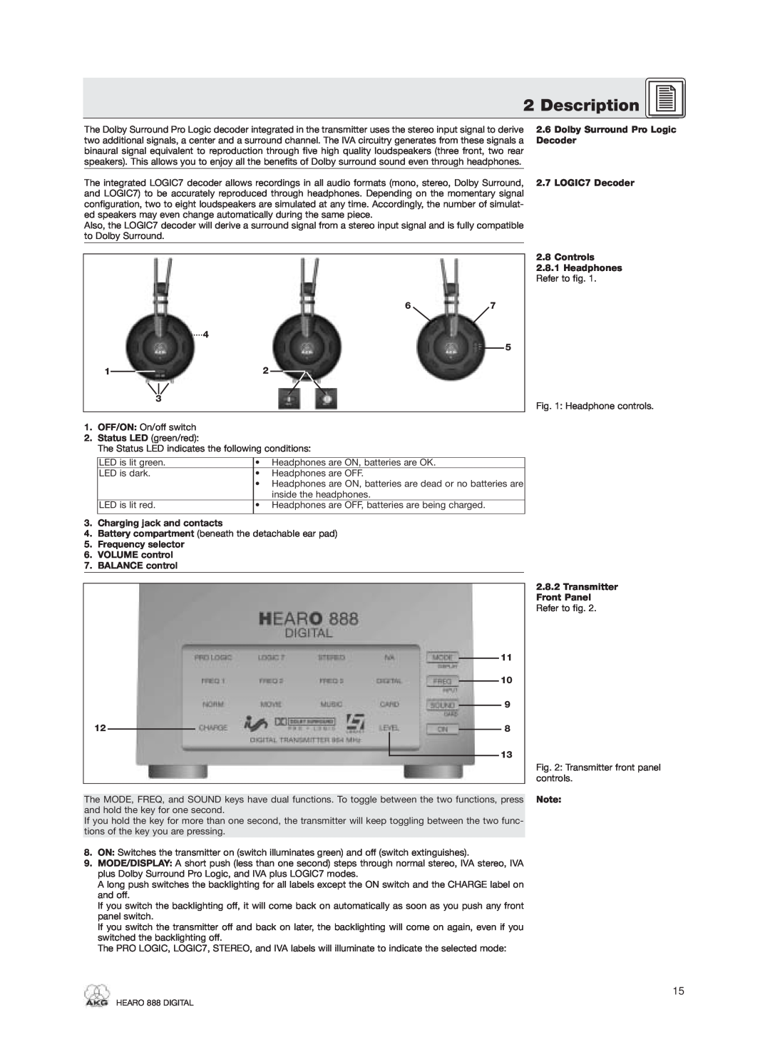 AKG Acoustics HEARO 888 specifications Description, Dolby Surround Pro Logic 