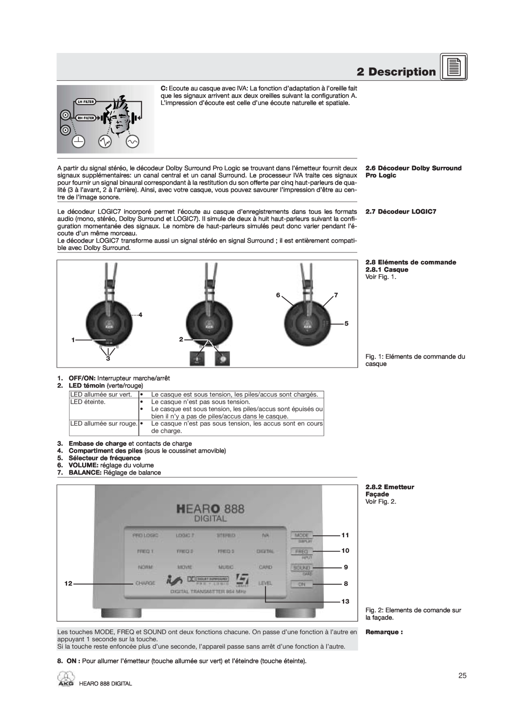 AKG Acoustics HEARO 888 specifications Description, 2.6 Décodeur Dolby Surround 